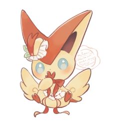 :o aqua_eyes blush commentary frills highres mkt_(buizu-miki) no_humans pokemon pokemon_(creature) ribbon scarf sitting solo twitter_username untranslatable_commentary victini white_background wings 