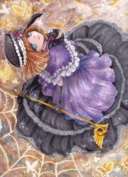  absurdres arms_behind_back beret black_bow black_gloves black_hat black_skirt blue_eyes bow bug butterfly capelet commentary_request dress elbow_gloves eva_beatrice flower frilled_dress frilled_skirt frills from_above gloves hat highres holding holding_staff looking_at_viewer naruse_hizuki orange_hair purple_capelet purple_dress red_flower red_rose rose silk skirt smile spider_web staff traditional_media umineko_no_naku_koro_ni yellow_butterfly 