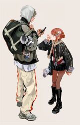  1boy 1girl black_jacket boots commentary_request gintama highres hijikata_toushirou hood hooded_jacket jacket kagura_(gintama) korean_commentary lineart looking_at_another okita_sougo orange_hair pantyhose sakata_gintoki sketch skirt stuffed_toy tall_male zz_g0gd 