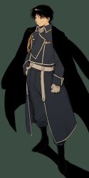  1boy aiguillette amestris_military_uniform black_boots black_coat black_eyes black_hair blue_jacket blue_pants boots clenched_hand closed_mouth coat coat_on_shoulders collared_jacket full_body fullmetal_alchemist gloves green_background hand_in_pocket highres jacket light_smile long_sleeves looking_to_the_side ls182_520 male_focus military_jacket military_uniform pants ribbon_bar roy_mustang shadow short_hair simple_background solo standing very_short_hair white_gloves white_trim 