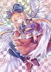  1girl aruma_(shinrabanshou) blue_bow blue_pantyhose bow brown_shoes closed_mouth commentary_request commission dress feathered_wings gold_trim green_eyes hair_bow highres holding holding_stuffed_toy long_hair magic_circle meguri_uguisu multiple_wings one_eye_closed pantyhose red_dress rubbing_eyes shinrabanshou shoes skeb_commission solo stuffed_animal stuffed_penguin stuffed_toy waking_up white_wings wings 