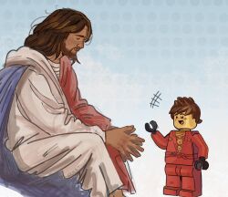  +++ 2boys artist_name beard blue_background brown_hair closed_mouth commentary crossover dark-skinned_male dark_skin english_commentary facial_hair from_side highres jesus kai_(ninjago) lego_minifig long_sleeves looking_at_another male_focus medium_hair multiple_boys ninjago remirtillo robe scar scar_across_eye scar_on_face short_hair simple_background sitting smile the_bible white_robe 