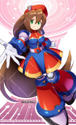  1girl blue_dress breasts brown_hair dress full_body green_eyes hat highres iris_(mega_man) long_hair mega_man_(series) mega_man_x_(series) mizuno_keisuke official_art red_dress red_hat solo watermark 