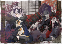  1boy 1girl animal armor armored_dress bandage_over_one_eye bandaged_ankle bandaged_arm bandaged_hand bandaged_head bandages black_armor black_bandages black_cape black_choker black_eyes black_hair black_thighhighs blood blood_on_clothes blood_stain cape cat chain chiemon_(fate) choker commentary_request crossed_legs dress english_text fate/samurai_remnant fate_(series) fur-trimmed_cape fur_trim gauntlets grass hair_between_eyes hand_on_own_face headpiece holding holding_animal holding_cat japanese_armor jeanne_d'arc_alter_(fate) jeanne_d'arc_alter_(lancer)_(fate) leaf looking_to_the_side multiple_scars one_eye_covered petting plackart ribbon scar short_hair shouji shoulder_armor sitting sliding_doors sode souta_(souta3a) thigh-highs tree white_hair yellow_eyes 