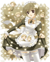  ._. 1girl 6+boys aikawa_touma apron artist_name back_bow bad_id black_dress black_eyes blonde_hair border bow bowtie brown_hair brown_pants brown_shoes cowboy_shot dress fairy fairy_wings flying frilled_apron frilled_sleeves frills green_shirt juliet_sleeves layered_dress long_sleeves looking_at_viewer multiple_boys open_mouth original pants phrygian_cap puffy_sleeves red_bow red_bowtie sepia shirt shoes short_hair skirt_hold smile standing star_(symbol) thigh-highs white_apron white_border white_thighhighs wings 