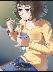  1girl absurdres blurry blurry_background brown_eyes brown_hair chopsticks closed_mouth commentary english_commentary frown gjh highres holding holding_chopsticks instant_cup_noodles instant_noodles kawakami_sadayo long_sleeves maruchan_(brand) maruchan_instant_lunch messy_hair persona persona_5 pinky_out skirt solo spill 