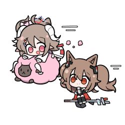  2girls :d angelina_(arknights) animal_ears ardelia_(arknights) arknights arknights:_endfield baby_animal blush_stickers bow brown_hair chibi chibi_only coat commentary curled_horns dress drill_hair drill_ponytail eyjafjalla_(arknights) fox_ears fox_girl full_body gilberta_(arknights) grey_dress hair_between_eyes hair_bow high_collar highres horns korean_commentary lamb long_hair long_sleeves looking_at_another malrangdonut multiple_girls off_shoulder open_clothes open_coat pink_bow pink_eyes red_coat red_eyes riding riding_animal sheep sheep_ears sheep_girl sheep_horns simple_background sitting sleeveless sleeveless_dress smile staff_riding twintails white_background 