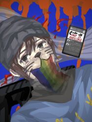  1boy animification beanie blood blue_background blue_shirt brown_eyes brown_hair cat_mask clint287 commentary covered_mouth crying crying_with_eyes_open double-parted_bangs dutch_angle english_text grey_hat gun hair_between_eyes handgun hat highres male_focus mask mouth_mask phone portrait real_life shirt short_hair shuaiby simple_background solo straight-on tears untranslatable_commentary weapon 