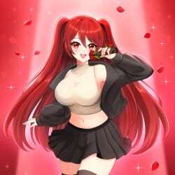  1girl :d absurdres black_jacket black_shoes black_skirt black_thighhighs blush collarbone commission crop_top fiverr_commission flower full_body hair_between_eyes highres holding holding_microphone indie_virtual_youtuber jacket jacket_partially_removed looking_at_viewer microphone midriff navel petals red_eyes red_flower red_hair red_rose rizuchi rose rose_petals second-party_source shirt shoes sidelocks skirt sleeveless sleeveless_shirt smile solo sparkle sparkle_background spotlight standing standing_on_one_leg teeth thigh-highs upper_teeth_only virtual_youtuber 