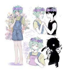  3boys antenna_hair barefoot basil_(headspace)_(omori) basil_(omori) black_eyes black_hair black_skin black_tank_top blue_overalls blush book closed_eyes closed_mouth colored_skin commentary_request dual_persona expressionless flower flower_wreath green_eyes green_hair green_shirt hair_between_eyes head_wreath highres holding holding_book looking_at_another looking_at_viewer male_focus marusei_314 multiple_boys omori omori_(omori) open_mouth overall_shorts overalls shirt short_hair short_sleeves sidelocks simple_background stranger_(omori) t-shirt tank_top translation_request white_background white_eyes white_skin 