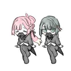  2girls ahoge animal_ears black_hair black_jacket black_pants blunt_bangs blunt_ends bob_cut butler closed_eyes commentary fake_facial_hair fake_mustache female_butler green_eyes jacket jitome link!_like!_love_live! long_hair love_live! matching_pose momose_ginko multi-tied_hair multiple_girls pants pink_hair ponytail shinanoya_(satanicad) short_hair sidelocks simple_background tailcoat virtual_youtuber white_background 