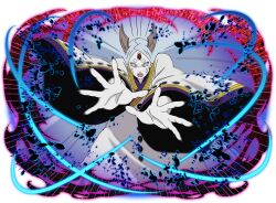  1girl brown_horns byakugan colored_skin grey_eyes grey_hair heterochromia horns japanese_clothes kimono looking_at_viewer naruto_(series) naruto_shippuuden:_ultimate_ninja_blazing official_art ootsutsuki_kaguya open_mouth red_eyes rinne_sharingan solo teeth third_eye tomoe_(symbol) upper_body white_kimono white_skin 