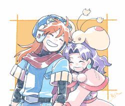  1boy 1girl dress earrings goggles grandia grandia_i hat jewelry justin_(grandia) long_hair michibata_65 open_mouth protected_link purple_hair puui_(grandia) smile sue_(grandia) 