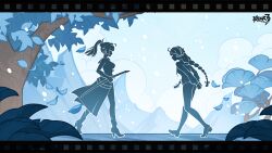  2girls ahoge blue_sky bodysuit breasts chinese_commentary commentary_request copyright_logo game_cg high_heels highres holding holding_sword holding_weapon honkai_(series) honkai_impact_3rd jacket katana kiana_kaslana kiana_kaslana_(white_comet) logo long_hair multiple_girls nature official_art outdoors ponytail raiden_mei raiden_mei_(danzai_spectramancer) short_hair sky sword tree very_long_hair weapon 