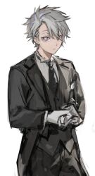  black_jacket black_necktie black_pants blue_lock bright_pupils closed_mouth commentary_request expressionless gloves grey_eyes highres jacket looking_at_viewer male_focus messy_hair nagi_seishirou necktie own_hands_together pants shirt short_hair solo solo_focus suit tuxedo vest white_background white_gloves white_hair white_pupils white_shirt ysokzo 