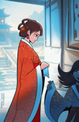  2girls architecture artist_name blurry brown_eyes brown_hair chinese_clothes chromatic_aberration commentary earrings east_asian_architecture english_commentary hair_ribbon highres holding jewelry jing_wei_qing_shang looking_down multiple_girls nangong_jingnu orange_hanfu ribbon umbra_(edits_umbra) wide_sleeves 