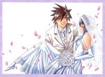  1girl blue_hair bob_cut bouquet bridal_veil bride busou_renkin couple dress elbow_gloves flower formal gloves good_end happy muto_kazuki mutou_kazuki petals scar short_hair smile suit tsumura_tokiko veil wedding wedding_dress 