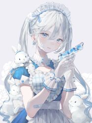  1girl absurdres apron bandaid bandaid_on_arm bandaid_on_cheek bandaid_on_face blue_dress blue_eyes blue_ribbon blush bow cleavage_cutout clothing_cutout commentary_request dress ear_ornament flower frilled_dress frills gloves hair_between_eyes hair_bow hands_up highres holding holding_water_gun lips long_hair looking_at_viewer maid_apron maid_headdress original powa_(36iii) puffy_short_sleeves puffy_sleeves rabbit ribbon rose see-through_clothes see-through_gloves short_sleeves sidelocks simple_background twintails upper_body very_long_hair water_gun white_background white_bow white_flower white_gloves white_hair white_rose white_theme 