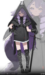  1girl absurdres armor armored_boots belt black_belt black_dress black_veil boots closed_mouth commentary_request dress drill_hair english_commentary frilled_dress frills full_body gauntlets greaves hand_on_own_hip highres holding holding_sword holding_weapon instagram_logo instagram_username jin_yu0810 light_blush long_hair looking_at_viewer mixed-language_commentary original pixiv_id pixiv_logo poleyn purple_hair solo spiked_boots standing sword twin_drills twitter_username twitter_x_logo veil violet_eyes weapon zoom_layer 