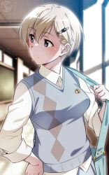  1girl alternate_hair_length alternate_hairstyle artist_logo bag blonde_hair blue_eyes blue_sweater_vest blurry blurry_background blush brave_witches breasts carrying commentary depth_of_field dress_shirt eila_ilmatar_juutilainen em_(totsuzen_no_hakike) hair_ornament hairclip hand_on_own_hip indoors logo looking_to_the_side medium_breasts satchel school school_uniform shirt short_hair solo sweater_vest upper_body white_shirt window wing_collar world_witches_series 