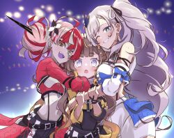  3girls :d :o anya_melfissa black_shirt black_shorts blonde_hair blonde_streaks blue_eyes blue_shirt blunt_ends blurry bokeh braid braided_bangs breasts bright_pupils brown_hair collared_shirt color-coded colored_skin colored_tongue commentary crop_top cropped_shirt depth_of_field detached_sleeves diamond-shaped_pupils diamond_(shape) english_commentary fangs feather_hair_ornament feathers glint gradient_hair grey_hair grey_skin grin group_hug hair_ornament height_difference heterochromia highres hololive hololive_idol_uniform_(color_rise) hololive_indonesia holoro hot hug idol idol_clothes kureiji_ollie large_breasts long_hair looking_at_viewer maaru_(jatjem1vy6nok0o) midriff mismatched_pupils multicolored_hair multicolored_shirt multicolored_skin multiple_girls official_alternate_costume open_mouth overskirt parted_bangs patchwork_skin pavolia_reine pink_hair purple_tongue red_eyes red_hair red_shirt shirt shorts side_ponytail single_detached_sleeve single_sleeve smile stage stitched_face stitches streaked_hair sweat swept_bangs symbol-shaped_pupils two-tone_skin upper_body very_long_hair very_sweaty violet_eyes virtual_youtuber wavy_hair white_pupils white_shirt white_shorts x-shaped_pupils yellow_eyes yellow_shirt zombie 