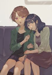  2girls :o absurdres ageharuuu arm_hug black_shirt black_shorts blue_eyes blue_hair brown_hair clenched_hands closed_mouth collarbone commentary_request couch curtained_hair double-parted_bangs dress feet_out_of_frame food food_in_mouth green_jacket grey_background grey_jacket hanayagi_kaoruko hands_on_another's_arm head_on_another's_shoulder highres isurugi_futaba jacket knees_together_feet_apart leaning_on_person leaning_to_the_side looking_ahead looking_at_another medium_hair multiple_girls on_couch open_clothes open_jacket open_mouth parted_bangs pocky pocky_in_mouth purple_dress shirt short_hair shorts shoujo_kageki_revue_starlight side-by-side single_sidelock sitting teeth three-quarter_sleeves upper_teeth_only violet_eyes yuri 