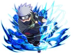  1boy black_gloves black_jacket black_mask black_pants chidori_(naruto) fingerless_gloves flak_jacket forehead_protector gloves green_jacket grey_hair hatake_kakashi jacket konohagakure_shinobi_uniform looking_at_viewer mask mouth_mask naruto_(series) naruto_shippuuden naruto_shippuuden:_ultimate_ninja_blazing official_art pants red_eyes sharingan short_hair solo 