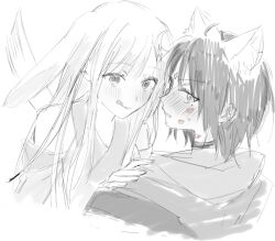  2girls animal_ears blush cho_kaguya-hime! choker closed_mouth commentary ear_blush fox_ears greyscale hand_on_another's_shoulder highres japanese_clothes kaguya_(cho_kaguya-hime!) kimono licking_lips lipstick_mark lipstick_mark_on_face long_hair mobudeshi mole mole_under_eye monochrome multiple_girls rabbit_ears sakayori_iroha short_hair smile spot_color tongue tongue_out yuri 