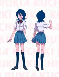  1girl ? alarm_clock american_football_(object) apple ball beamed_eighth_notes black_eyes black_hair black_shoes black_socks bleach book calculator character_name clipboard clock commentary flask food fruit globe hair_between_eyes highres karakura_high_school_uniform kneehighs kuchiki_rukia light_bulb loafers medium_hair microscope miniskirt musical_note paperclip pencil petite pleated_skirt ruler school_uniform shoes skirt smile socks solo test_tube treble_clef umbra_(edits_umbra) 