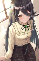  1girl ahoge animal_ears belt black_belt black_hair black_ribbon black_skirt blush breasts casual commentary_request ear_tag earrings frilled_shirt frills gem green_gem hair_between_eyes highres horse_ears horse_girl jewelry long_bangs long_hair long_hair_between_eyes long_sleeves manhattan_cafe_(casual)_(umamusume) manhattan_cafe_(umamusume) multicolored_hair neck_ribbon parted_lips ribbon shirt shirt_tucked_in single_earring sitting skirt small_breasts solo thurumu umamusume white_hair yellow_eyes yellow_shirt 