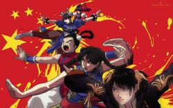 4girls 5girls ahoge baggy_pants bare_shoulders bell black_hair blue_hair blue_shirt boots bracelet bracer braid braided_hair_rings breasts brown_pantyhose changpao china china_dress chinese_clothes chun-li donut_hair_bun double_bun dougi dress drill_hair earrings fatal_fury fighting_stance futaba_hotaru garou:_mark_of_the_wolves hair_bun hair_ornament hair_rings hanfu highres jewelry karate_gi li_xiangfei ling_xiaoyu long_sleeves looking_to_the_side medium_breasts multiple_girls pai_chan pants pantyhose pelvic_curtain people's_republic_of_china_flag puffy_sleeves raydash30 red_background red_ribbon red_theme republic_of_china_flag ribbon sash shirt short_sleeves spiked_bracelet spikes star_(symbol) street_fighter tangzhuang the_king_of_fighters the_king_of_fighters_xi thick_thighs thighs twin_braids twin_drills twintails virtua_fighter white_boots wide_sleeves wrist_bell 