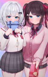  2girls absurdres black_bow black_shirt blue_eyes blush bow box buttons cardigan closed_mouth collared_shirt commentary_request covering_own_mouth cowboy_shot cross_hair_ornament fingernails gradient_background grey_hair grey_shirt grey_skirt hair_bow hair_ornament hair_ribbon hairclip hand_up hands_up heart-shaped_box highres holding holding_box kaga_nazuna kaga_sumire layered_sleeves long_sleeves looking_at_viewer miniskirt multiple_girls nail_polish neck_ribbon nokonata outline parallel_hairclips parted_bangs paw_hair_ornament pink_cardigan pink_nails pink_ribbon pleated_skirt reaching reaching_towards_viewer ribbon school_uniform shirt short_hair shy skirt standing two_side_up valentine virtual_youtuber vspo! white_outline wing_collar 