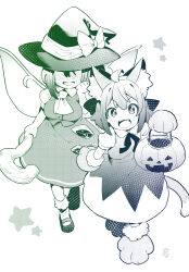  2girls animal_ear_fluff animal_ears animal_hands blush bow breasts cirno collared_shirt commentary_request daiyousei dress fairy_wings gloves hair_bow halloween halloween_bucket halloween_costume hat hat_bow holding holding_staff ice ice_wings large_breasts long_hair mary_janes multiple_girls open_mouth paw_gloves paw_shoes puffy_short_sleeves puffy_sleeves shirt shoes short_sleeves signature skirt smile socks staff star_(symbol) tail tanasuke touhou vest wings witch_hat 