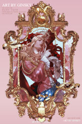  1other 2boys absurdres aiguillette american_flag argyle_clothes argyle_gloves artist_name belt bird blonde_hair blue_eyes cape character_name chinese_commentary coat commentary_request crack cracked_glass crown curly_hair dirty_deeds_done_dirt_cheap eagle epaulettes flower frilled_sleeves frills fringe_trim funny_valentine ginsky2000 gloves highres horseback_riding jojo_no_kimyou_na_bouken laurel_crown long_hair long_sleeves looking_at_viewer male_focus multiple_boys parted_lips picture_frame pink_background pink_coat red_cape red_flower red_rose riding rose shirt smile solo stand_(jojo) steel_ball_run tassel upper_body watermark weibo_username weibo_watermark white_belt white_gloves white_shirt 