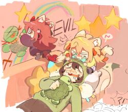  >_< 1boy 2girls :3 ahchive_be ahoge animal_ear_fluff animal_ears aqua_bow aqua_bowtie black_cardigan black_hair black_pants black_socks blood blue_eyes border bow bowtie brown_hair cardigan cat_ears cat_girl cat_tail character_name chibi child child's_drawing couch crayon crayon_drawing demon drawing_on_another's_face drawn_mustache drawn_whiskers drooling evil_neuro-sama green_hoodie grin hair_between_eyes hair_ribbon hashtag-only_commentary head_on_pillow holding holding_crayon holding_stuffed_toy hood hoodie indoors lying multiple_girls neuro-sama on_back on_couch open_mouth pants pillow polearm rainbow red_bow red_eyes red_ribbon ribbon short_hair siblings sisters skirt sleeping smile socks speech_bubble star-shaped_pillow star_(symbol) stuffed_toy stuffed_turtle tail tail_bow tail_ornament tongue tongue_out trident twins two_side_up v-shaped_eyebrows vedal987 vedal_ai weapon white_border yellow_cardigan 