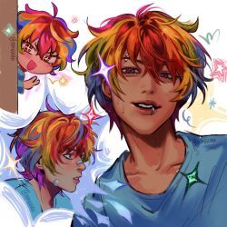  +_+ 1girl :d aegyo_sal bandaid bandaid_on_cheek bandaid_on_face blonde_hair blue_hair blue_shirt bright_pupils collarbone commentary cropped_shoulders dark-skinned_female dark_skin double-parted_bangs english_commentary eyebrow_piercing face_piercing from_below from_side green_hair grin hair_between_eyes half-closed_eyes highres kouxhii lip_piercing long_sleeves looking_ahead looking_at_viewer lower_eyelashes_only messy_hair multicolored_hair multiple_views my_little_pony my_little_pony:_friendship_is_magic open_mouth orange_hair parted_lips personification piercing pink_eyes pink_hair portrait purple_hair rainbow_dash rainbow_hair realistic red_hair reverse_trap shirt short_hair sidelocks simple_background smile sparkle star_(symbol) streaked_hair sweat thick_eyebrows tomboy tsurime twitter_username v v-shaped_eyebrows white_background yellow_pupils 