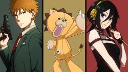  1girl 2boys black_dress black_hair bleach blue_eyes breasts column_lineup commentary cosplay dagger dress earrings english_commentary floppydisk7000 frown gold_earrings green_suit gun hairband handgun highres holding holding_dagger holding_gun holding_knife holding_weapon jewelry knife kon_(bleach) kuchiki_rukia kurosaki_ichigo multiple_boys necktie orange_eyes orange_hair parody red_necktie serious small_breasts spy_x_family stiletto_(weapon) stuffed_toy suit third-party_source trigger_discipline twilight_(spy_x_family) twilight_(spy_x_family)_(cosplay) walther_ppk weapon yellow_hairband yor_briar yor_briar_(cosplay) 