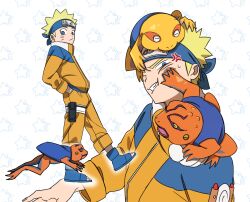  1boy anger_vein blonde_hair blue_eyes blue_headband blue_shoes blue_vest clenched_teeth commentary facial_mark frog_on_head frog_on_shoulder full_body furrowed_brow gamakichi_(naruto) hand_in_pocket hand_on_another's_face headband highres hopping horizontal_pupils jacket konohagakure_symbol male_focus multiple_views naruto_(classic) naruto_(series) okbdko123 open-toe_shoes orange_jacket orange_pants pants pouch shoes short_hair spiky_hair sweatdrop teeth thigh_pouch toad_(animal) untranslatable_commentary upper_body uzumaki_naruto vest walking whisker_markings yellow_eyes 