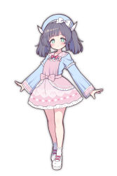  1girl :o absurdres beret black_hair blue_hat blue_shirt blush bow commentary_request frilled_skirt frills full_body green_eyes hair_ribbon hat hat_bow highres long_sleeves looking_at_viewer original parted_lips pink_skirt ribbon sasakura_momiji shirt shoes simple_background skirt sleeves_past_wrists socks solo standing twintails white_background white_bow white_ribbon white_shoes white_socks 