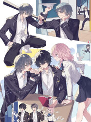  1girl 3boys baseball_bat black_gloves black_hair black_jacket black_pants black_skirt blazer blue_bow blue_bowtie blue_eyes book bow bowtie bread brown_hair caelus_(honkai:_star_rail) collared_shirt commentary_request dan_heng_(honkai:_star_rail) eating fingerless_gloves food gloves graphia_academy_school_uniform green_eyes grey_hair hand_in_pocket highres holding holding_baseball_bat holding_book holding_food honkai:_star_rail honkai_(series) jacket looking_at_viewer march_7th_(honkai:_star_rail) mogi_(green_tea_planet) multicolored_eyes multiple_boys official_alternate_costume open_clothes open_jacket open_mouth pants paper_airplane pink_hair pleated_skirt round_eyewear school_uniform shirt shoes skirt skott_(honkai:_star_rail) smile sunglasses trailblazer_(honkai:_star_rail) two-tone_eyes violet_eyes white_jacket white_shirt white_shoes yellow_eyes 