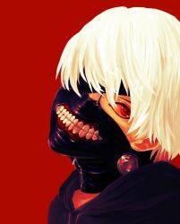  1boy black_hoodie commentary_request covered_mouth drawstring eyepatch head_tilt hood hood_down hoodie kaneki_ken looking_at_viewer male_focus mask mouth_mask namako_mikan one_eye_covered portrait red_background red_eyes short_hair simple_background solo tokyo_ghoul white_hair zipper zipper_pull_tab 