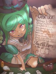  1girl apron aqua_dress aqua_hair black_bow black_bowtie black_hat bow bowtie braid card commentary_request contract dress frilled_apron frilled_dress frills grin hat highres holding key looking_at_viewer love_live! love_live!_superstar!! maid_apron necosaghi onitsuka_tomari parted_bangs pink_eyes playing_card pocket_watch poker_chip poker_table short_sleeves sidelocks smile solo table top_hat torn_clothes torn_hat twin_braids watch white_apron wild_card_(love_live!) 