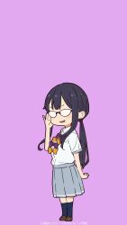  1girl adjusting_eyewear black_socks blush bow bowtie brown_shoes chibi chibi_only collar collared_shirt fogged_glasses grey_skirt highres imigimuru long_hair looking_at_viewer make_heroine_ga_oo_sugiru! official_art official_wallpaper open_mouth pleated_skirt ponytail purple_background purple_bow purple_bowtie purple_hair school_uniform second-party_source shirt shoes short_sleeves sidelocks simple_background skirt smile smug socks solo standing tsukinoki_koto tsuwabuki_high_school_uniform white_shirt yellow_bow yellow_bowtie 