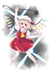 1girl absurdres ascot blonde_hair collared_shirt commentary crystal crystal_wings danmaku fangs flandre_scarlet frilled_shirt_collar frills full_body hajimakura hat hat_ribbon highres holding holding_weapon laevatein_(touhou) mob_cap multicolored_wings one_side_up puffy_short_sleeves puffy_sleeves red_eyes red_skirt red_vest ribbon shirt short_sleeves skirt skirt_set socks solo touhou vest weapon white_hat white_shirt white_socks wings yellow_ascot 