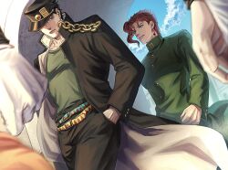  4boys belt black_coat black_hair black_hat black_pants blue_eyes blurry blurry_foreground chain cherry_earrings clenched_hand clouds coat commentary day depth_of_field dutch_angle earrings food-themed_earrings gakuran gloves green_coat green_shirt hand_in_pocket hat hat_over_one_eye high_collar highres jean_pierre_polnareff jewelry jojo_no_kimyou_na_bouken joseph_joestar joseph_joestar_(old) kakyoin_noriaki kujo_jotaro long_coat male_focus multiple_belts multiple_boys pants peaked_cap pur_ple02imo red_hair school_uniform shirt sky stardust_crusaders triangle_print violet_eyes white_gloves 