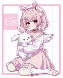  1girl absurdres animal animal_ears animal_print beret black_choker blush bow bow_legwear bowtie choker commission frilled_shirt frilled_skirt frills grid_background hair_ornament hair_ribbon hat highres holding holding_animal holding_rabbit indie_virtual_youtuber kneehighs kohanai_momomi long_sleeves pink_bow pink_bowtie pink_hair pink_ribbon pink_sailor_collar pink_shoes pink_skirt plaid_clothes plaid_skirt pom_pom_(clothes) pom_pom_hair_ornament rabbit rabbit_ears rabbit_hair_ornament rabbit_print red_eyes ribbon sailor_collar shirt shoes sitting skeb_commission skirt socks solo star_(symbol) star_hair_ornament twintails virtual_youtuber wariza white_hat white_rabbit_(animal) white_shirt white_socks wings yanapy 
