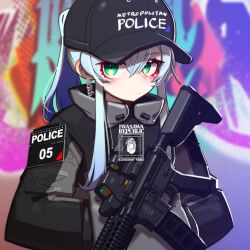  1girl baseball_cap black_hat blue_hair blurry blurry_background closed_mouth clothes_writing commentary_request depth_of_field graffiti green_eyes grey_jacket gun hair_between_eyes hands_in_pockets hat highres iwasawayuki jacket long_hair long_sleeves looking_at_viewer original ponytail solo upper_body weapon weapon_request 