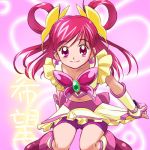  1girl bike_shorts cure_dream hair_rings haruyama long_hair lowres magical_girl midriff navel pink_bike_shorts pink_eyes pink_hair precure skirt skirt_pull smile solo yes!_precure_5 yumehara_nozomi 