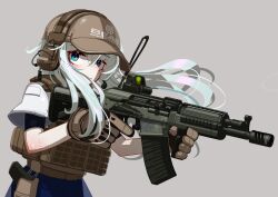  1girl absurdres blue_eyes blue_pants brown_vest closed_mouth commentary_request eotech escape_from_tarkov floating_hair freckles from_side gloves grey_background grey_gloves grey_hat gun hair_between_eyes hat headphones highres holding holding_gun holding_weapon iwasawayuki long_hair looking_at_viewer original pale_skin pants scope shaded_face shirt short_sleeves shotgun sidelocks simple_background solo trigger_discipline vepr-12 vest visor_cap weapon white_hair white_shirt 