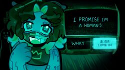  1other androgynous circuit_board_tattoo commentary crop_top crown_print curtained_hair english_commentary english_text fang gameplay_mechanics green_theme highres horror_(theme) hulatie indie_virtual_youtuber looking_at_viewer mask night_vision no_i'm_not_a_human open_mouth other_focus ranboo ranboo_(r800) ranboo_(r800)_(r800_2.0) respirator short_hair skin_fang solo star-shaped_pupils star_(symbol) symbol-shaped_pupils upper_body virtual_youtuber 